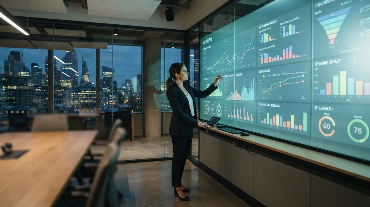 Consultant at a wall of SEO dashboards showing traffic, conversions and revenue impact