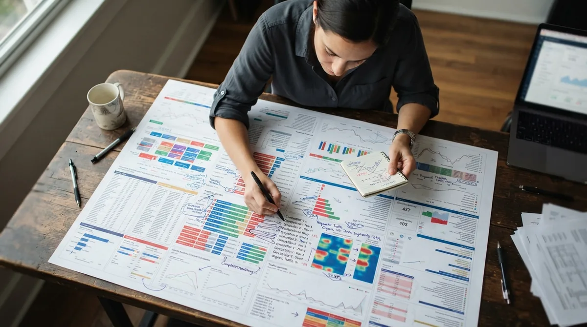 Analyst annotating printed keyword and performance data sheets on a desk
