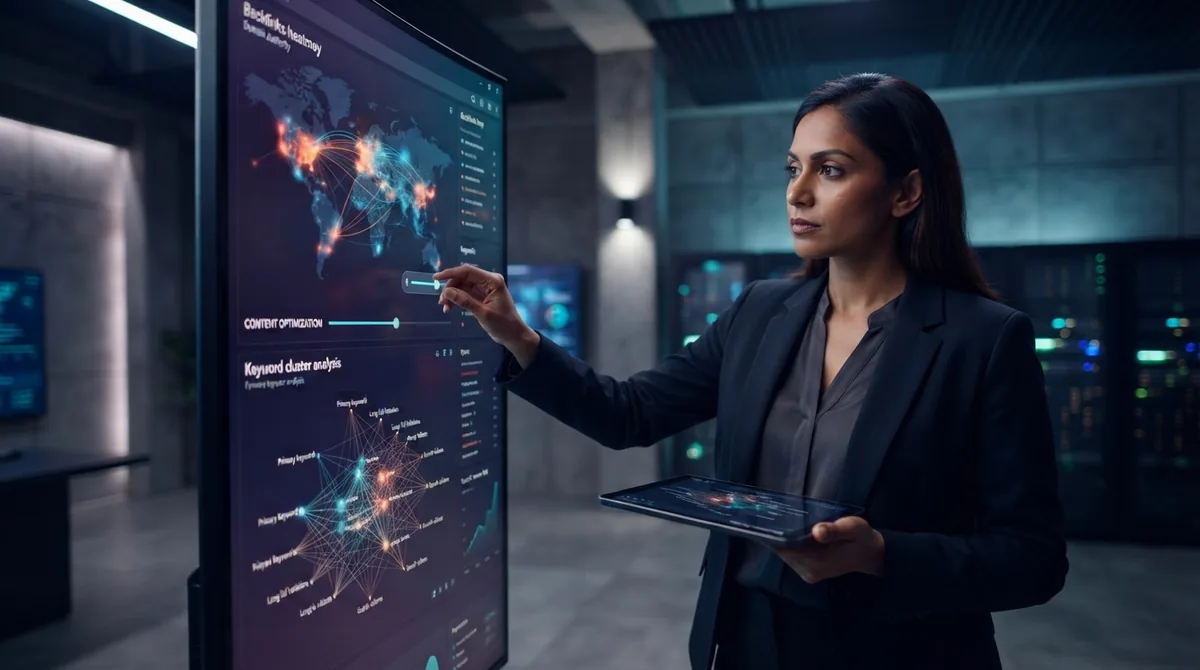 Consultant reviewing a keyword cluster analysis on a large touchscreen