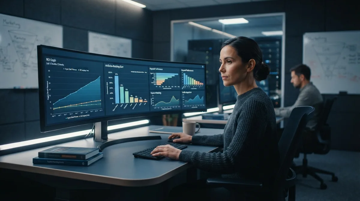 Analyst at a curved monitor reviewing SEO traffic and ranking dashboards
