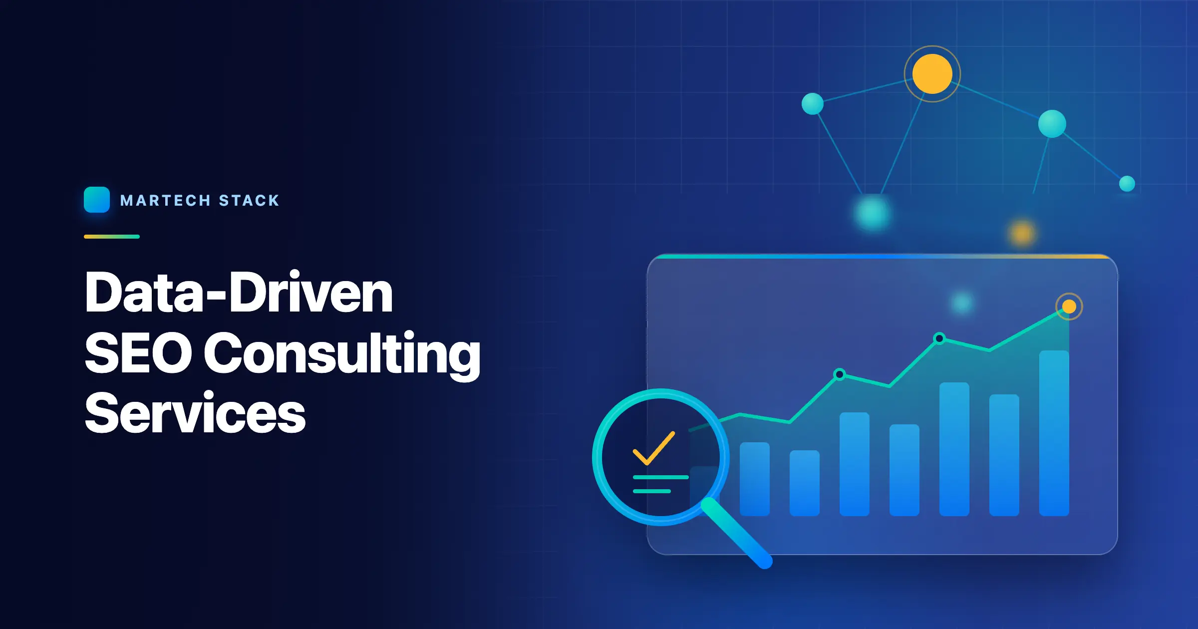 Data-Driven SEO Consulting Services — MarTech Stack featured image with rising analytics chart, knowledge graph, and search magnifier illustration on deep navy.