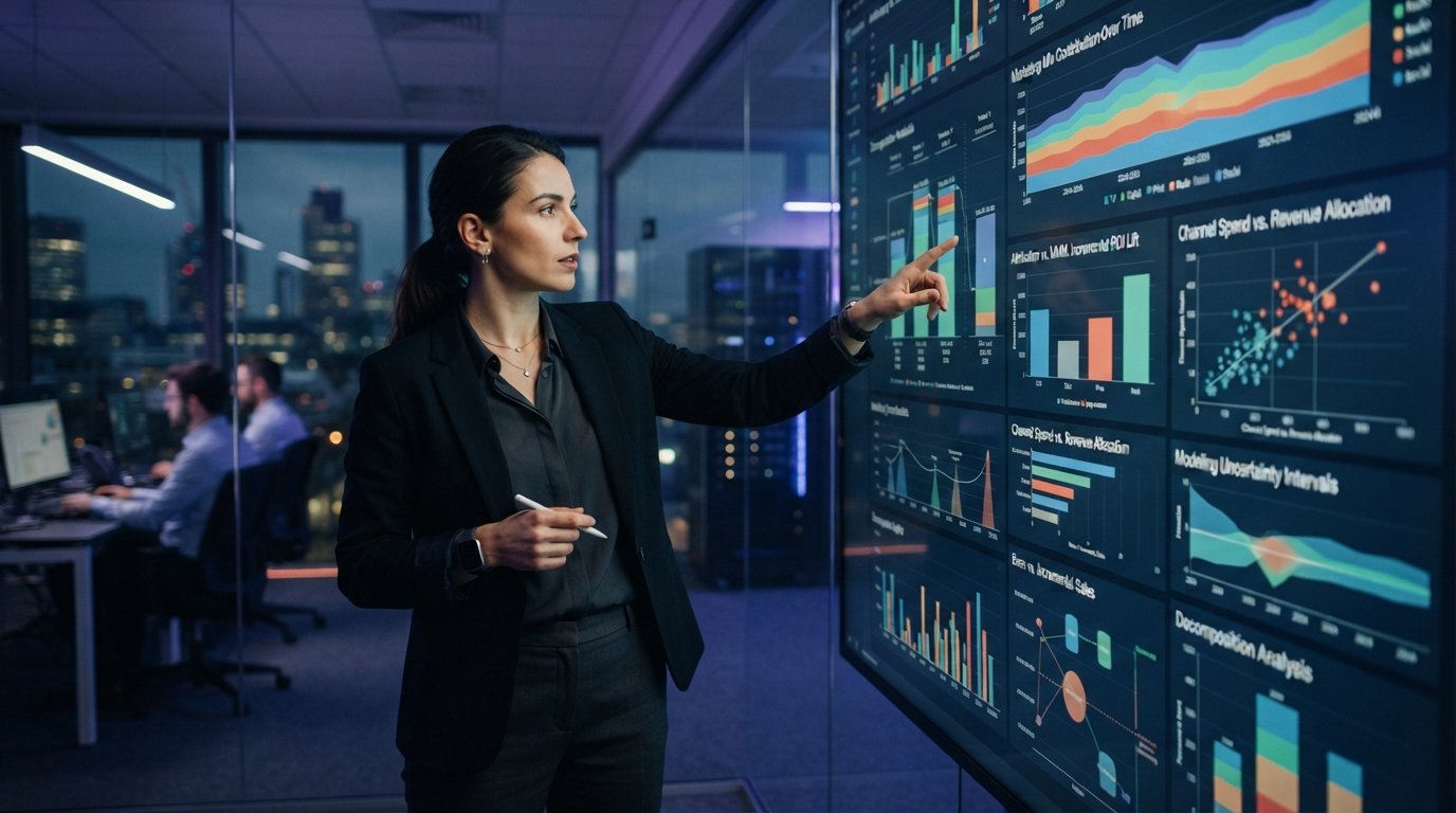 Marketing mix modeling dashboard measuring channel contribution