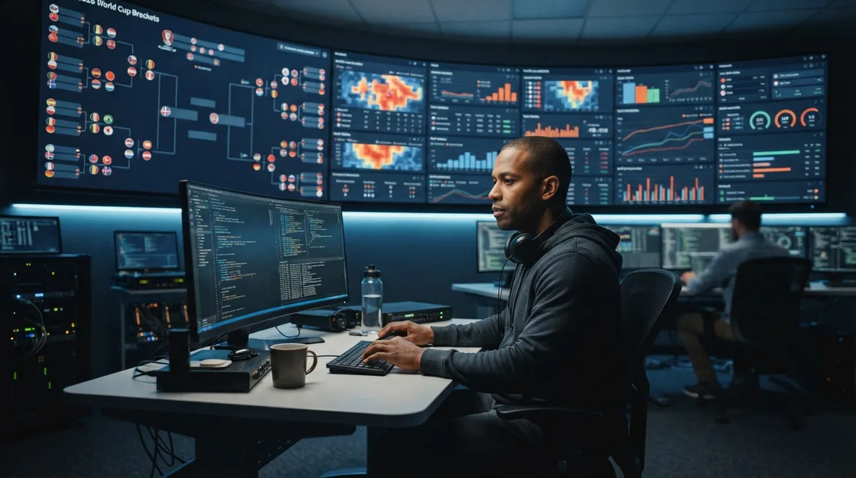 Analyst at a workstation in front of a wall of World Cup bracket and match data dashboards