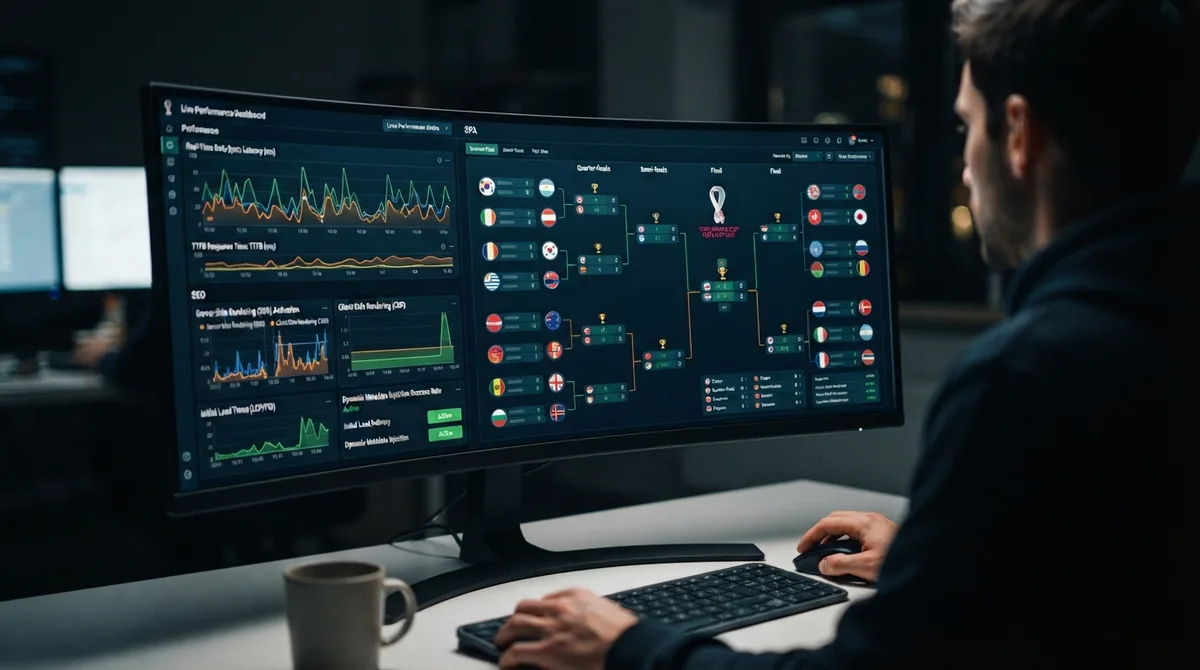 Developer monitoring a live performance dashboard next to a World Cup bracket on a curved monitor