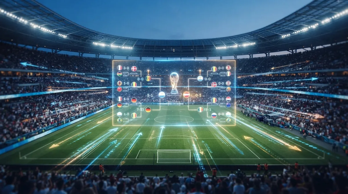 Stadium at night with a holographic World Cup knockout bracket projected over the pitch
