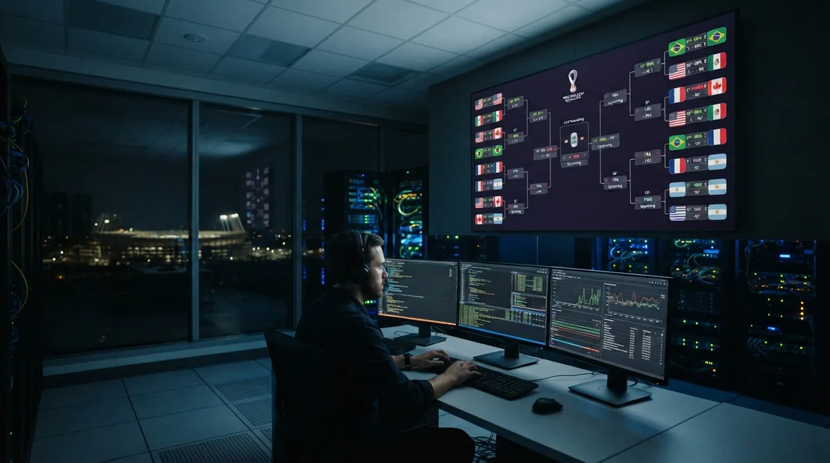 Engineer in a dark server room watching live logs, with a World Cup bracket on the wall screen