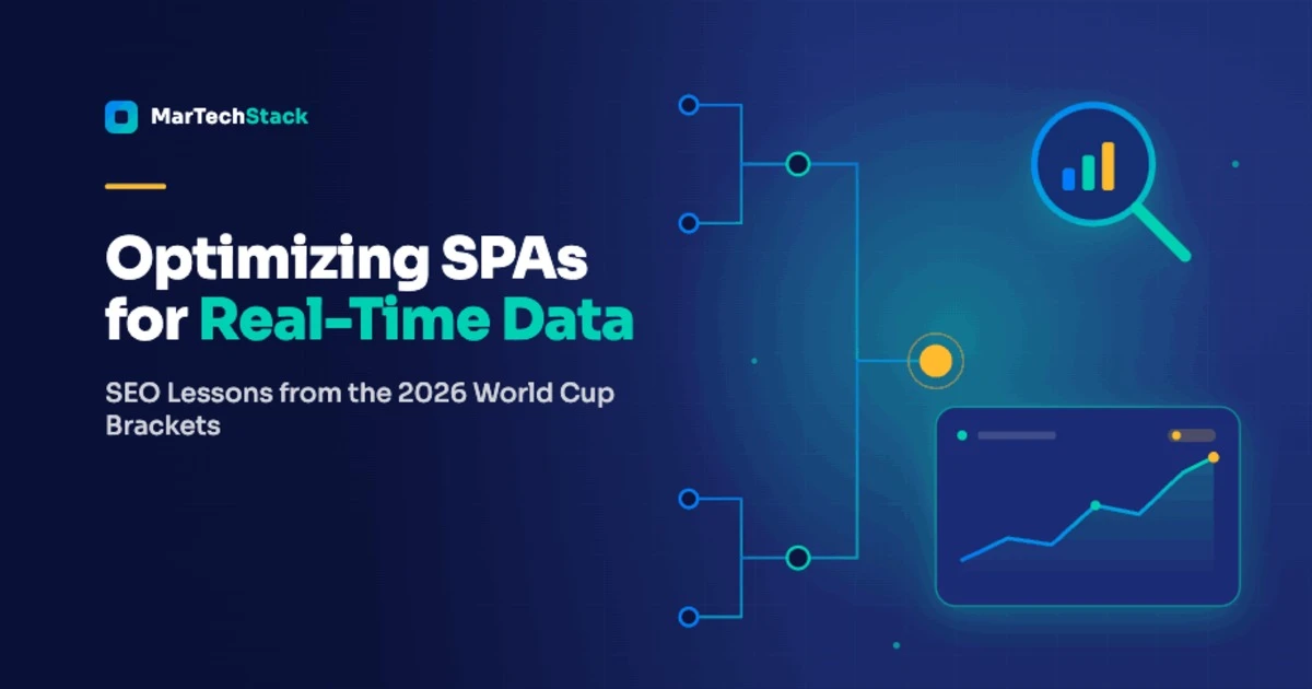 MarTech Stack featured graphic for optimizing SPAs for real-time data, showing a tournament bracket, search magnifier, and live analytics chart.