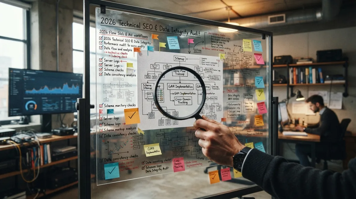 Glass board with a 2026 technical SEO and data integrity audit checklist and sticky notes