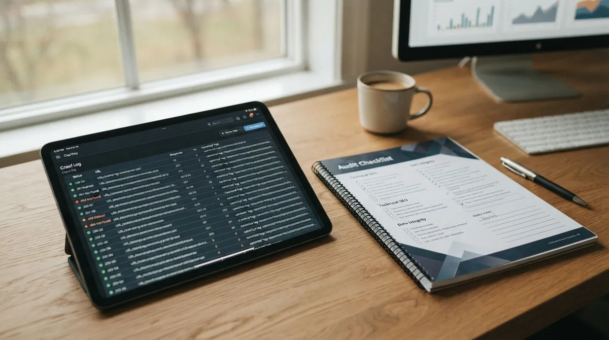 Tablet showing a crawl log next to a printed audit checklist on a desk