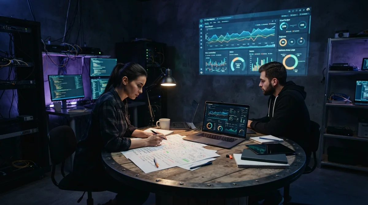 Two analysts reviewing printed reports and live SEO dashboards in a dim office