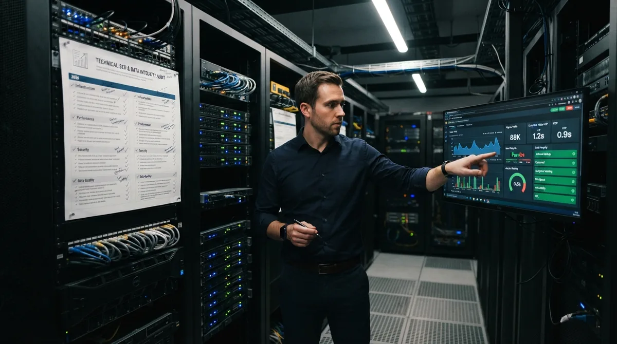 Engineer in a server room pointing at a performance dashboard beside a printed audit checklist