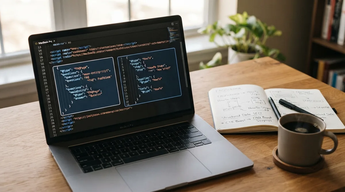 Laptop showing FAQPage and HowTo JSON-LD schema code next to a notebook and coffee
