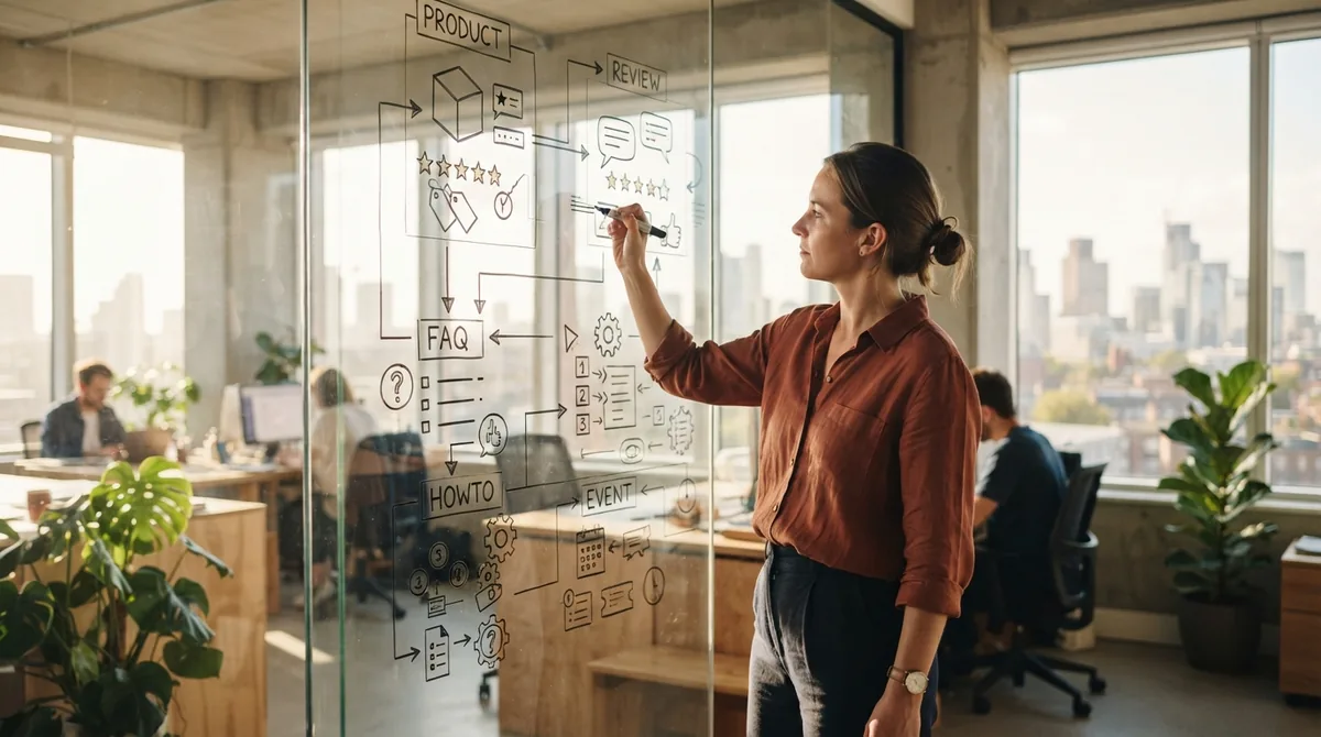 Marketer sketching Product, Review, FAQ and HowTo schema types on a glass wall