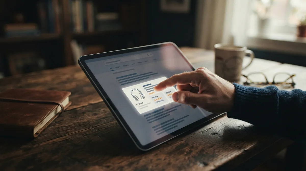 Hand tapping a product rich result with star ratings on a tablet