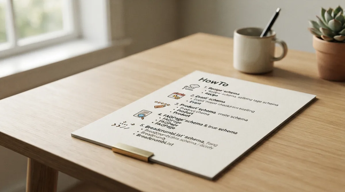 Printed checklist of schema types: HowTo, Product, FAQPage, Organization and BreadcrumbList