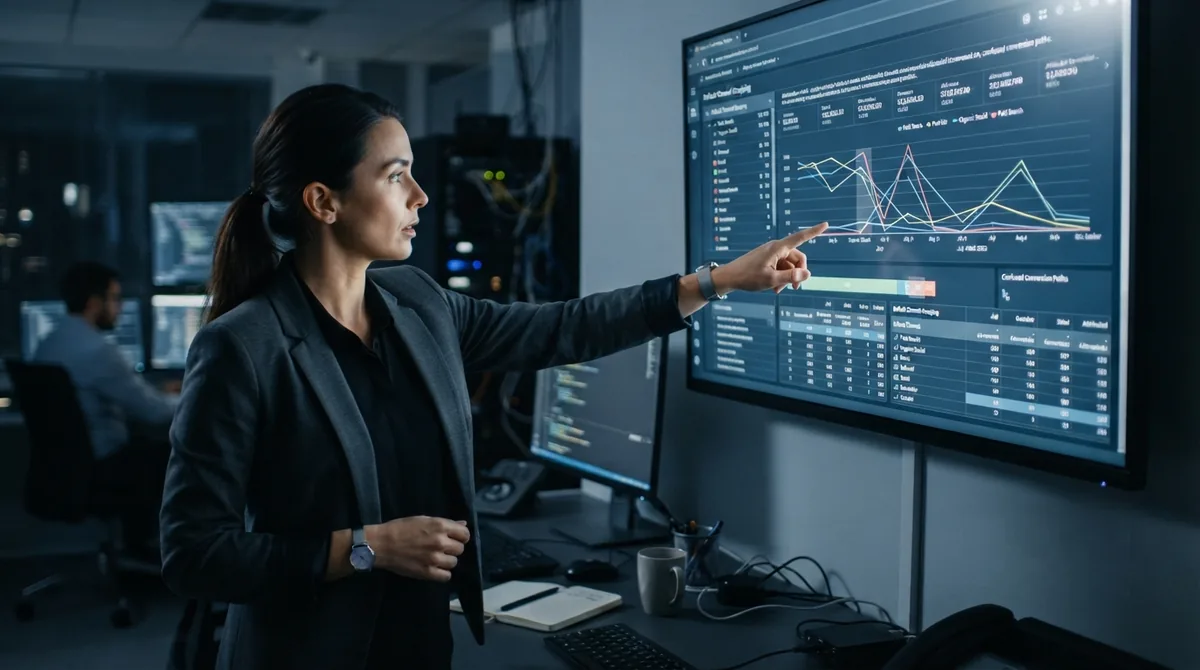 Analyst pointing at channel performance trends on a large dashboard screen
