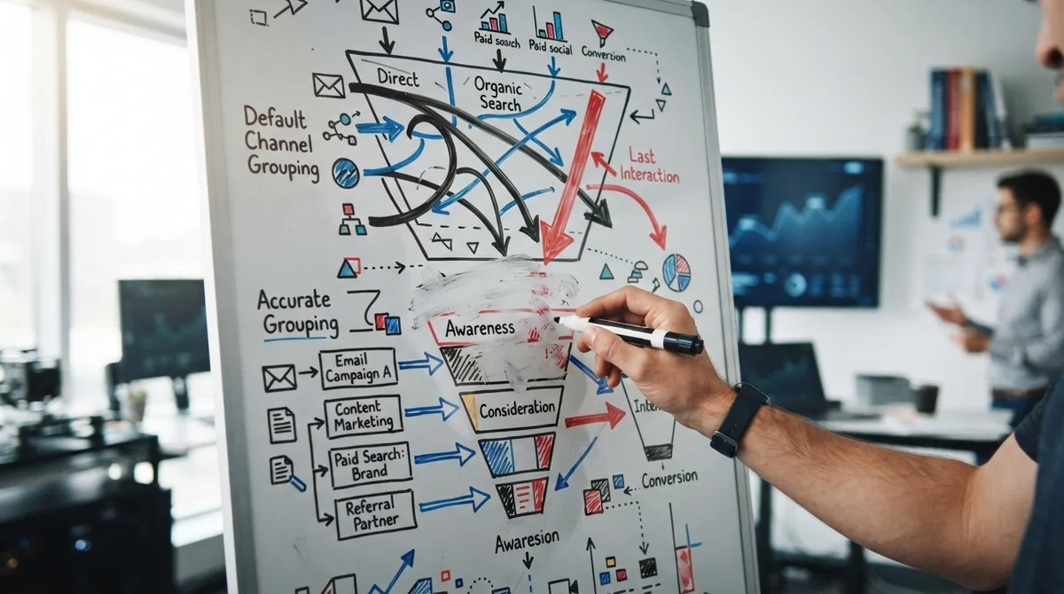 Whiteboard diagram comparing default channel grouping with an accurate grouping across the funnel