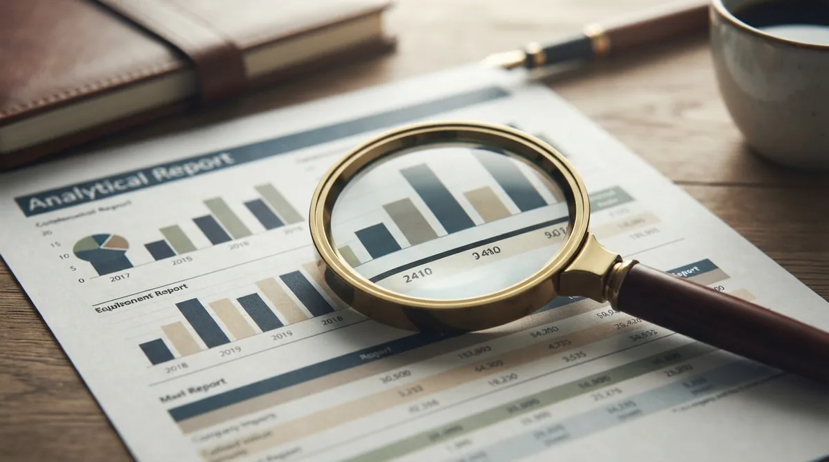 Magnifying glass over printed analytics report bar charts