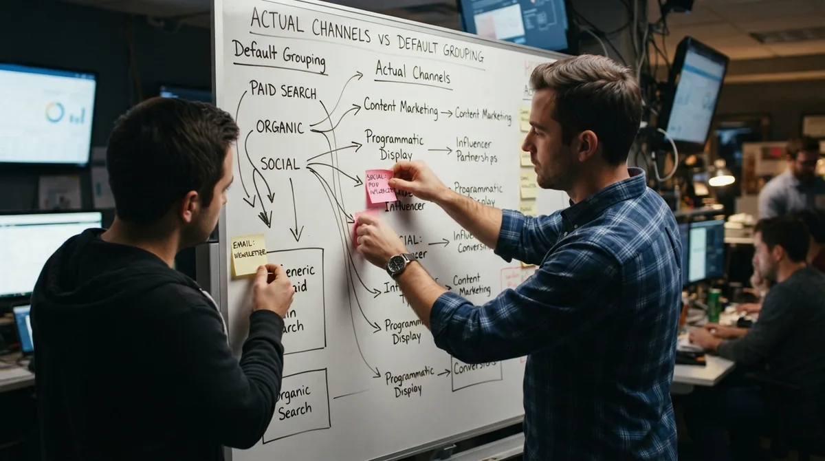 Two marketers mapping actual channels against GA4 default channel groups on a whiteboard
