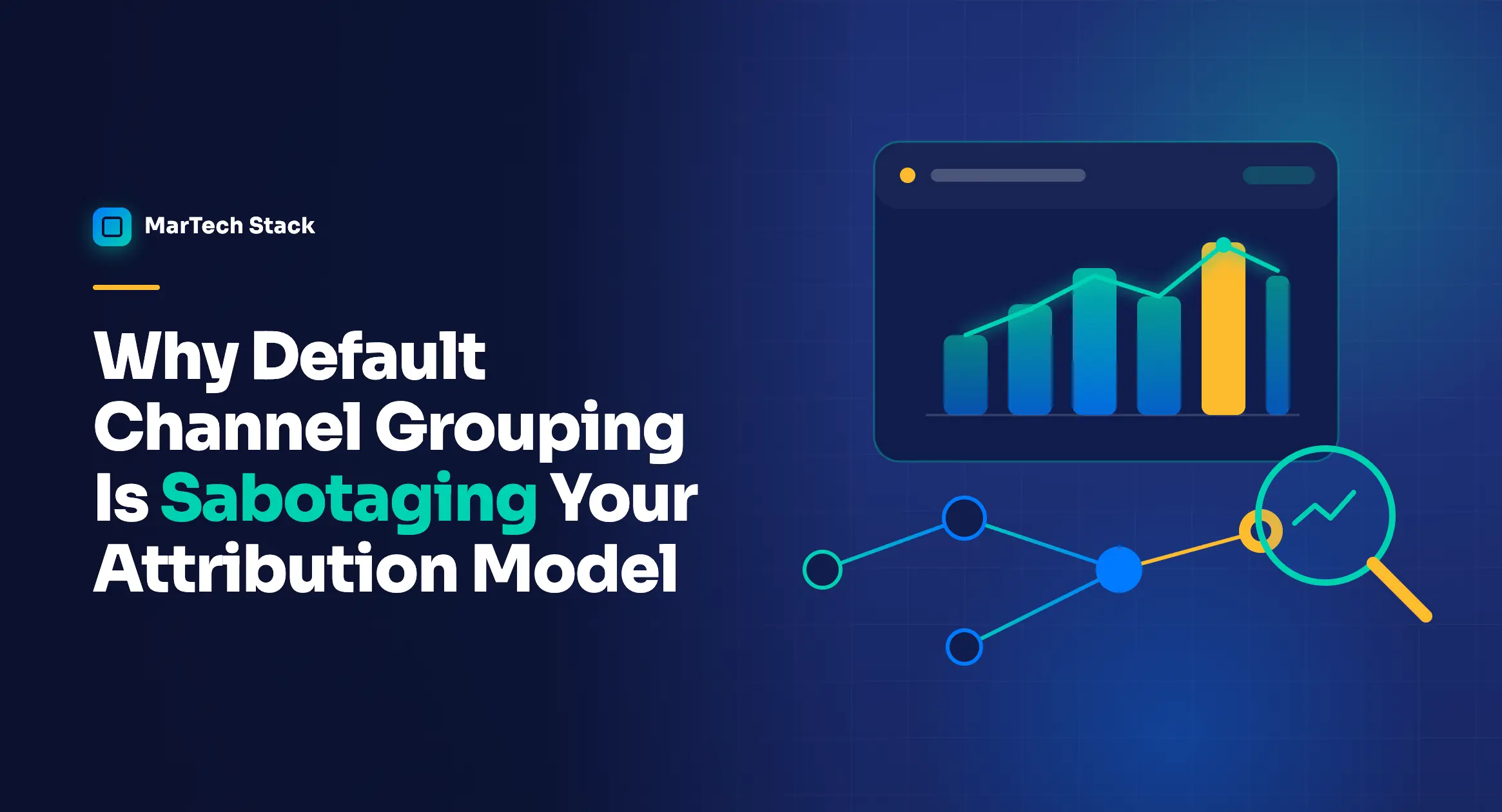 Data dashboard, customer-journey node graph, and search magnifier illustrating default channel grouping problems in attribution models.