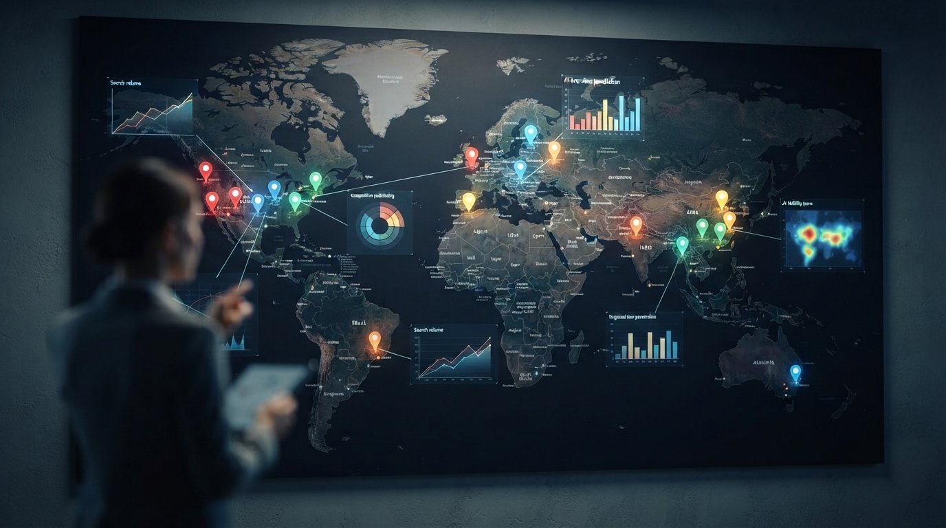 Analyst mapping AI Overview citation visibility across markets on a large data board