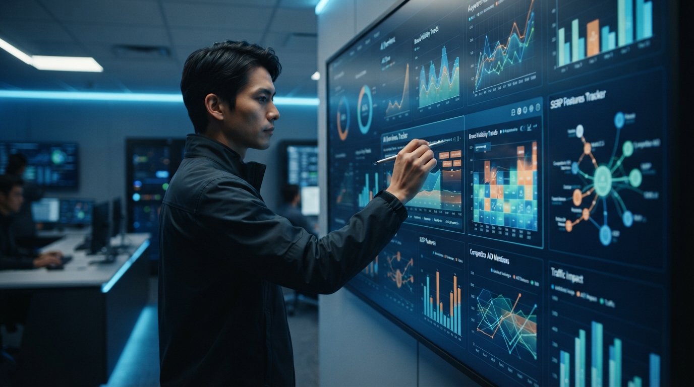 An AI Overviews tracker dashboard measuring brand presence and citations in Google AI Overviews