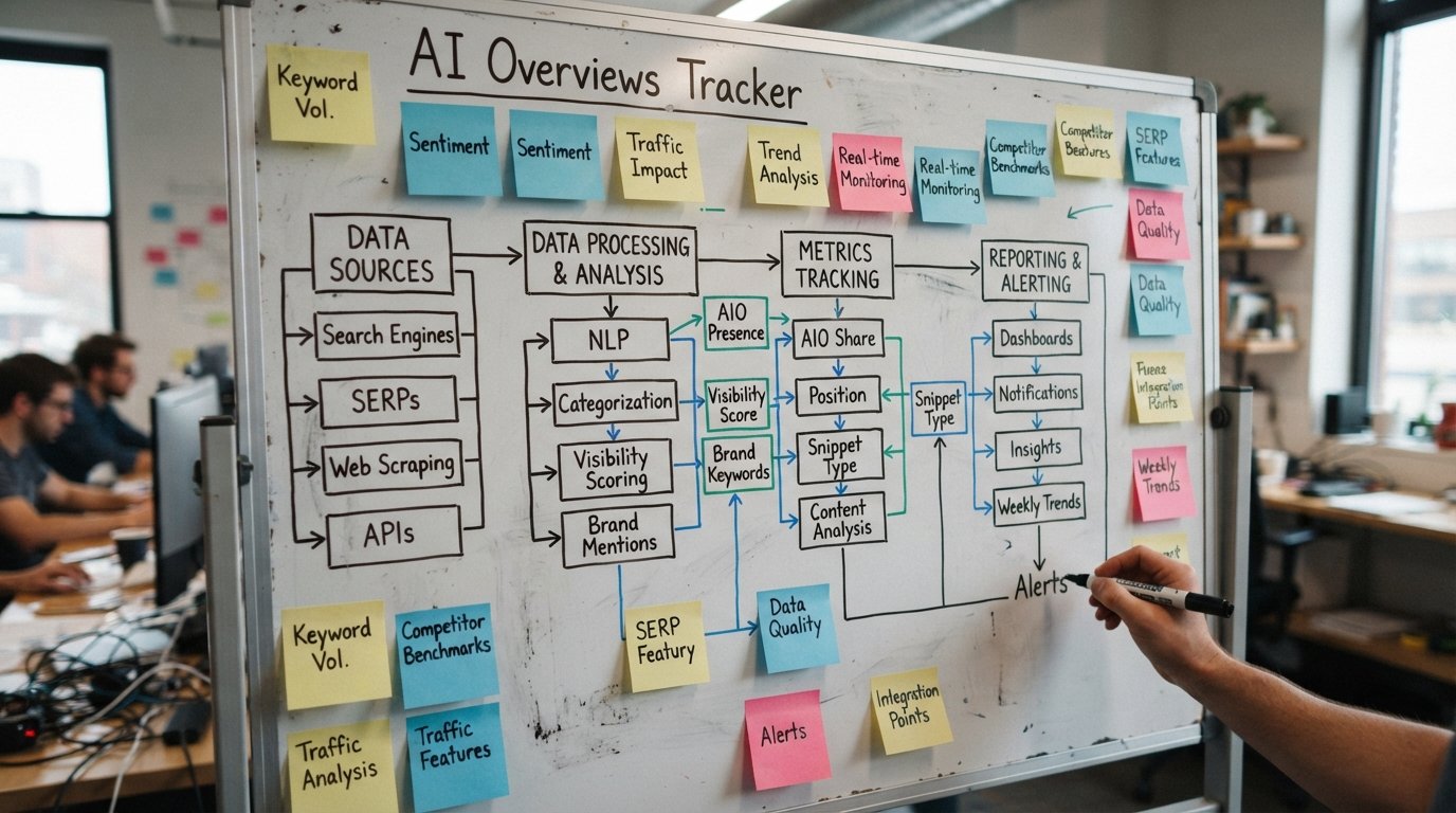 The fields an AI Overviews tracker records, including citation share, cited URL and position