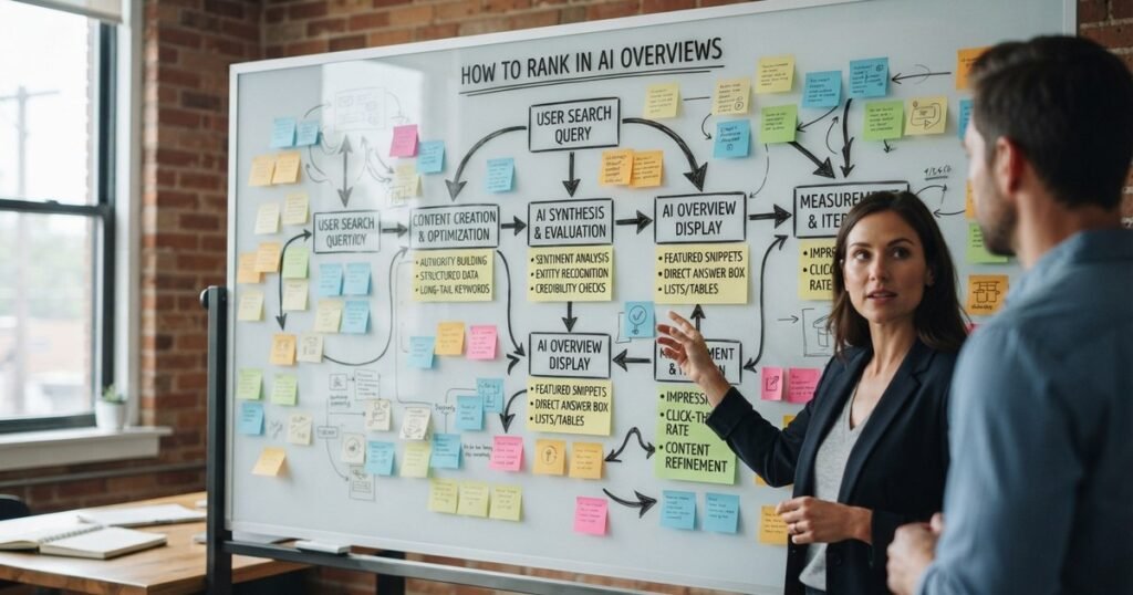 Team mapping a GEO playbook for how to rank in AI Overviews on a whiteboard