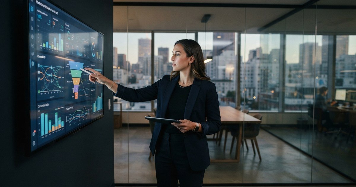 Marketing lead reviewing channel performance in marketing attribution software on a boardroom screen