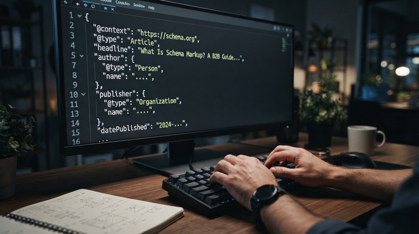 What Is Schema Markup? A B2B Guide to Structured Data That Ranks 1 A developer writing JSON-LD Article schema markup in a code editor