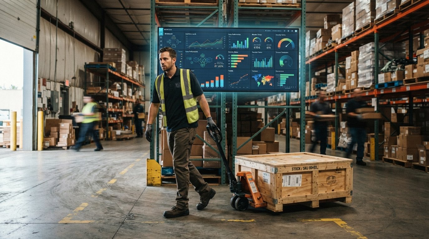 Stockroom wall display showing an inventory and reorder BI dashboard above a worker