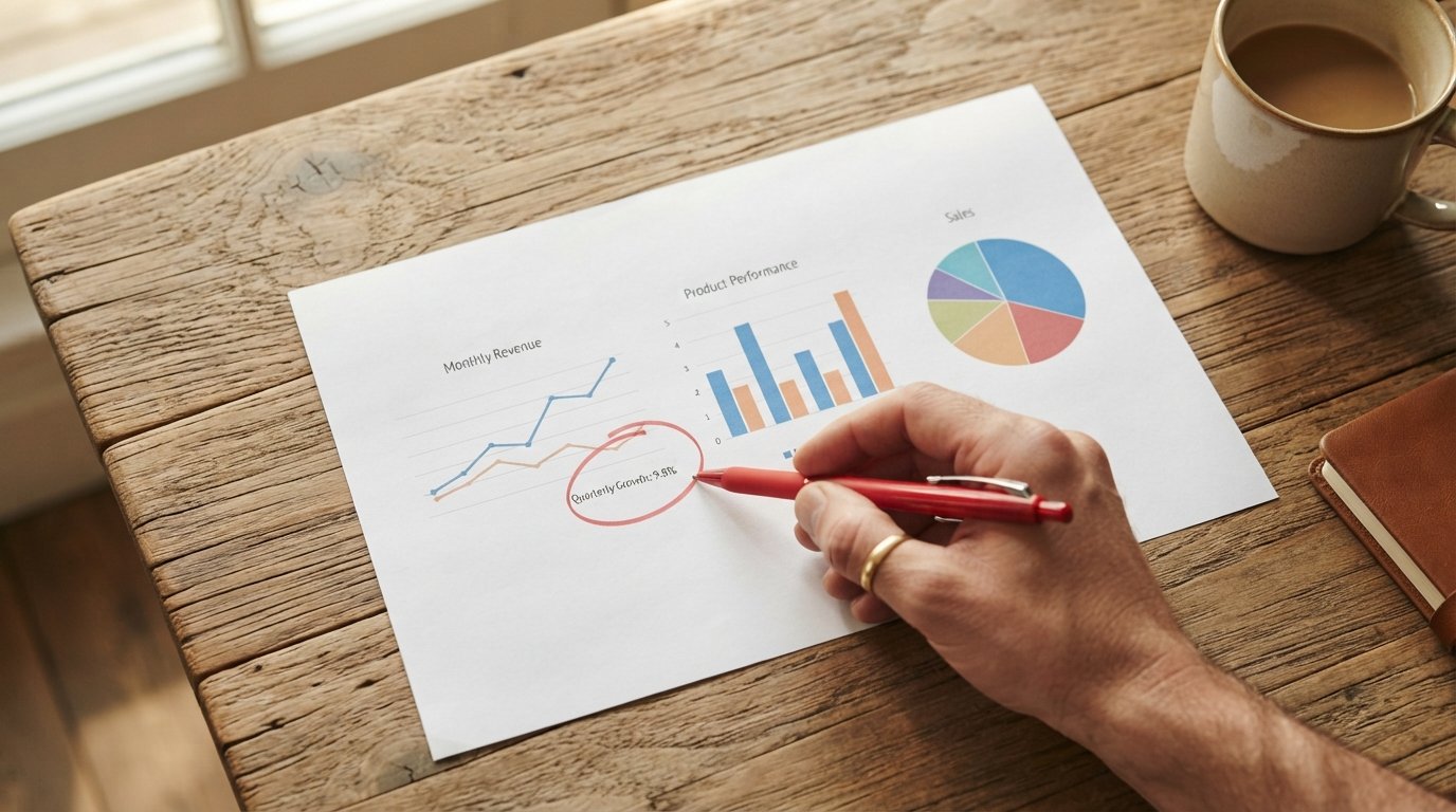 Hand circling one KPI in red on a printed BI dashboard with three simple charts