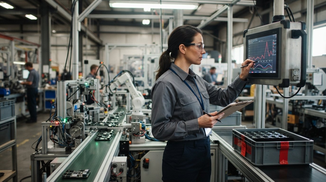 Engineer checking a quality-control trend chart beside a production line, business analytics finding a faulty batch