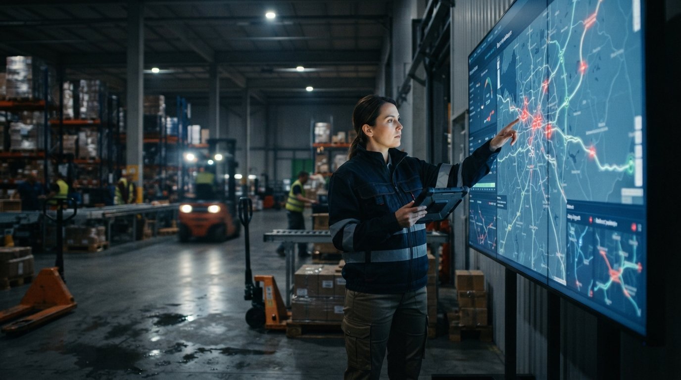 Warehouse supervisor reviewing delivery delays on a wall display, business analytics applied to operations
