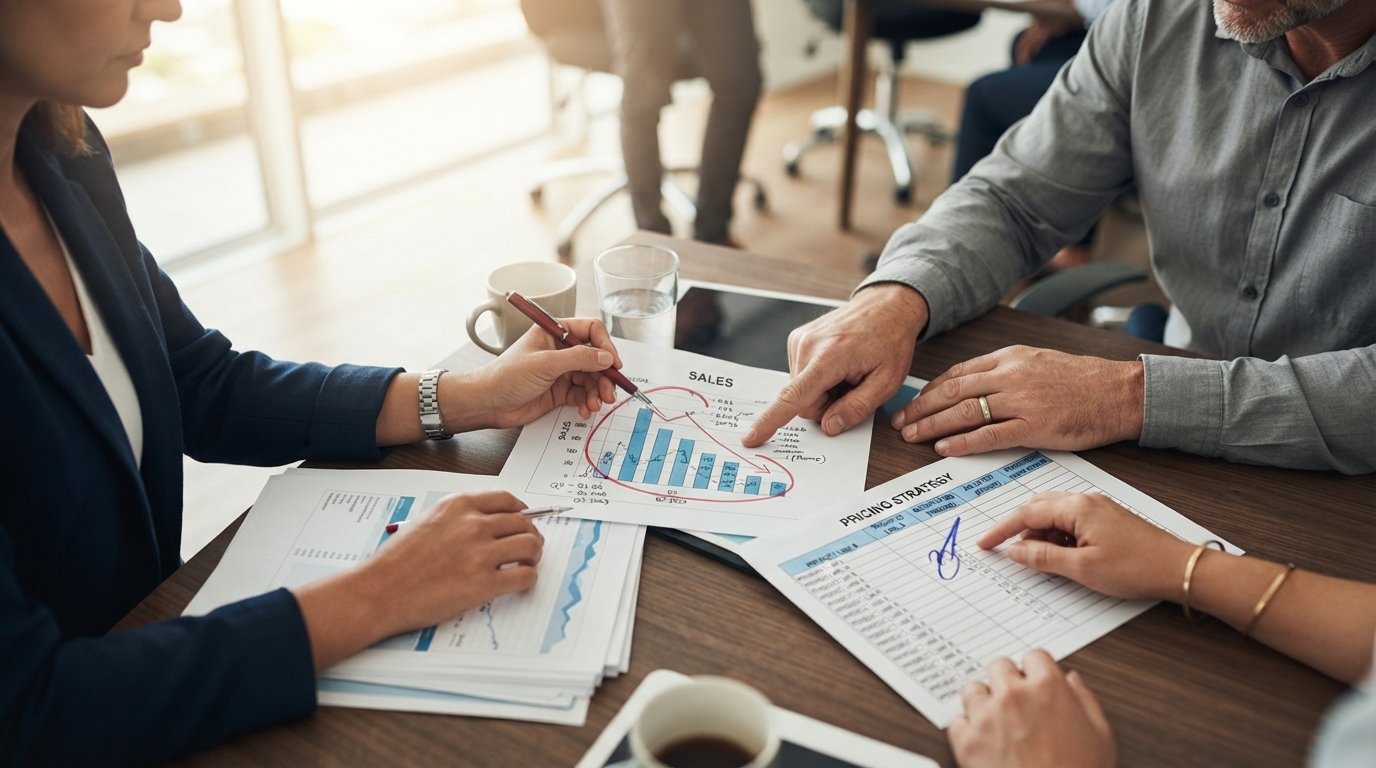 Hands marking a declining sales trend on printed charts, a business analytics review before a pricing decision