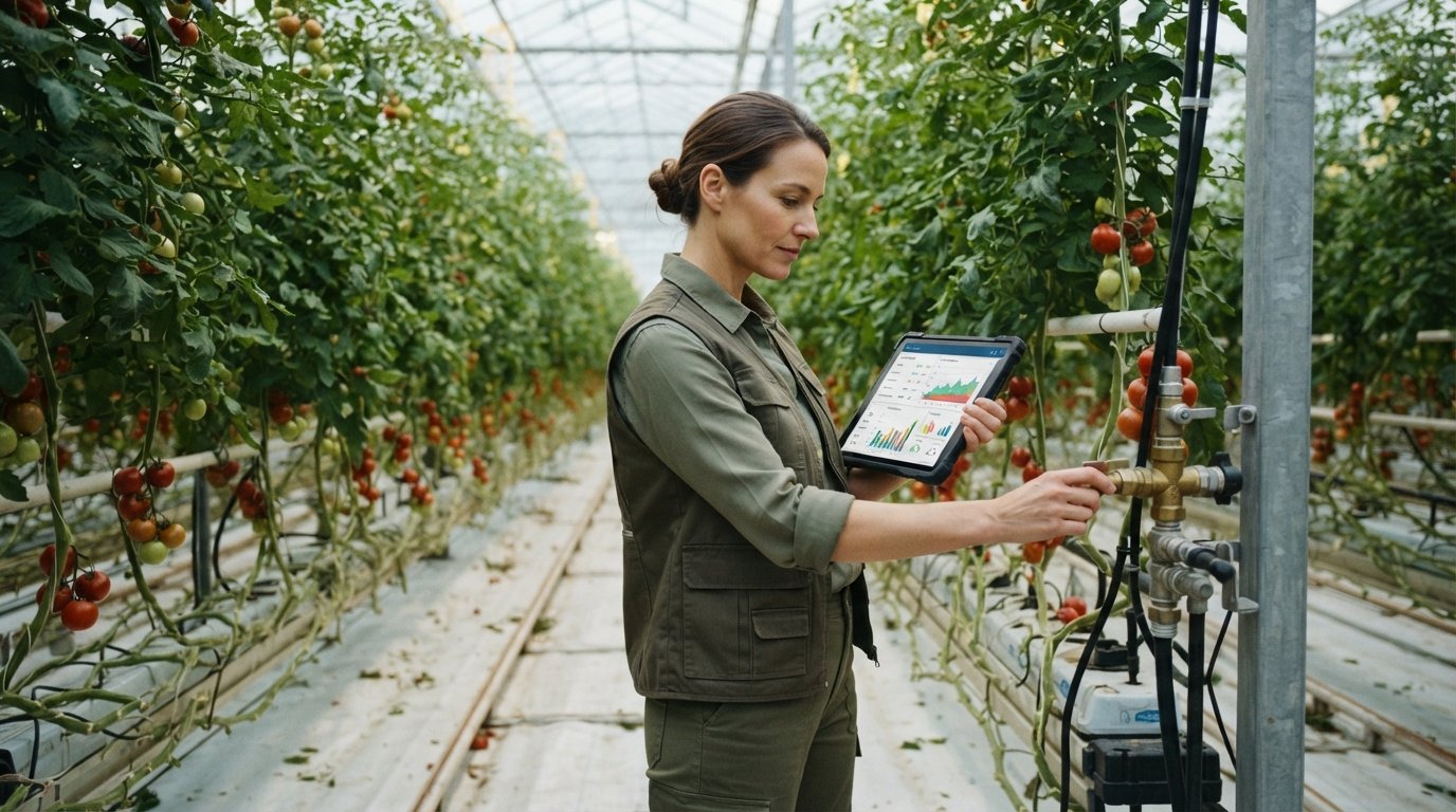 Grower comparing crop-yield charts with tomato rows, a hands-on example of business data analysis