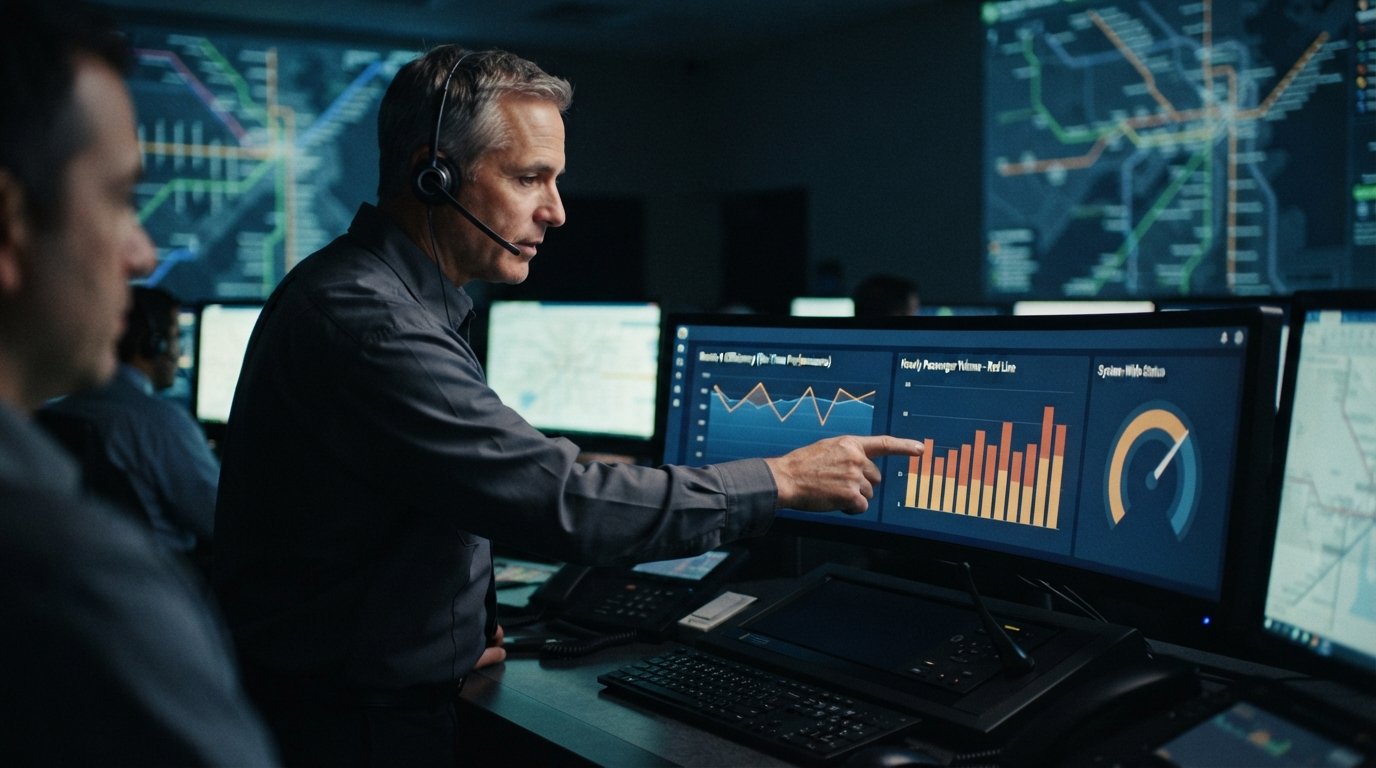 Dispatcher reviewing route KPIs on a business intelligence dashboard in a control room