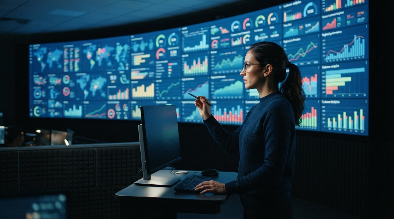 In-house data analyst reviewing sales dashboards, the alternative to data analytics consulting for recurring work