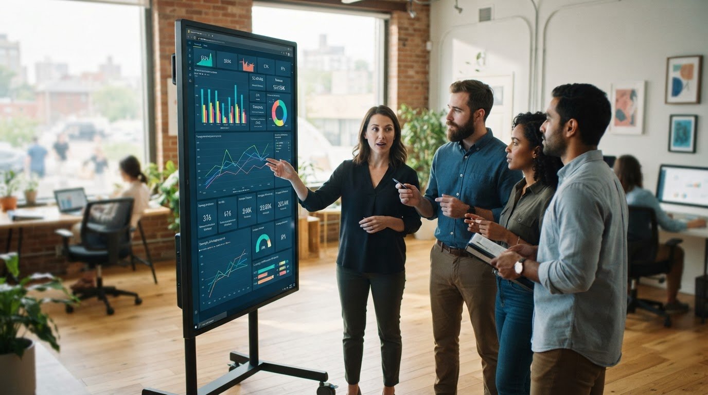 Power BI Reporting: When Should Teams Replace Static Exports? 4 Marketing team discussing campaign results on interactive Power BI reports in a studio