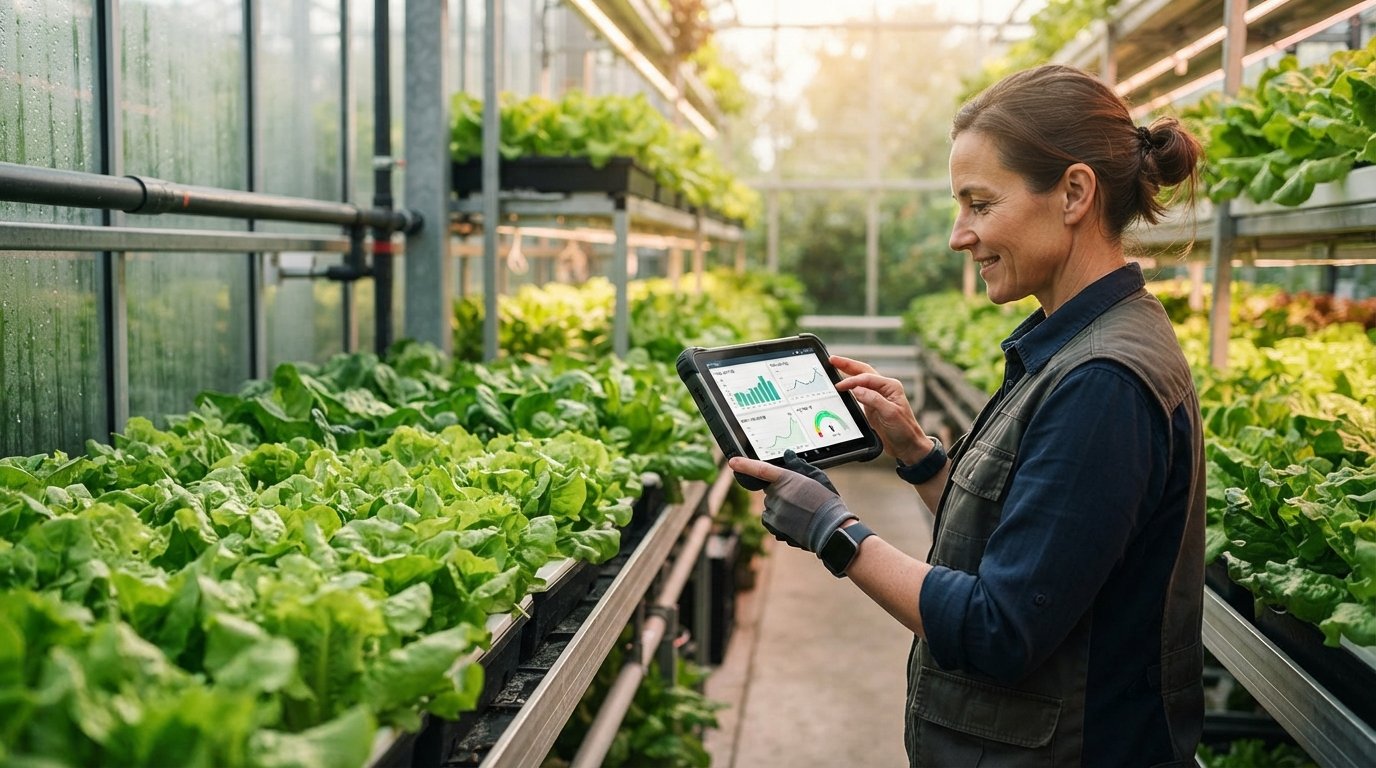 Grower checking yield and water KPIs on a mobile BI dashboard in a greenhouse