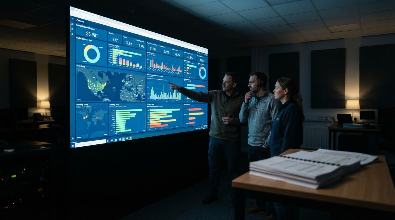 Power BI Reporting: When Should Teams Replace Static Exports? 2 Operators reviewing a shared Power BI dashboard of current delivery figures in a control room