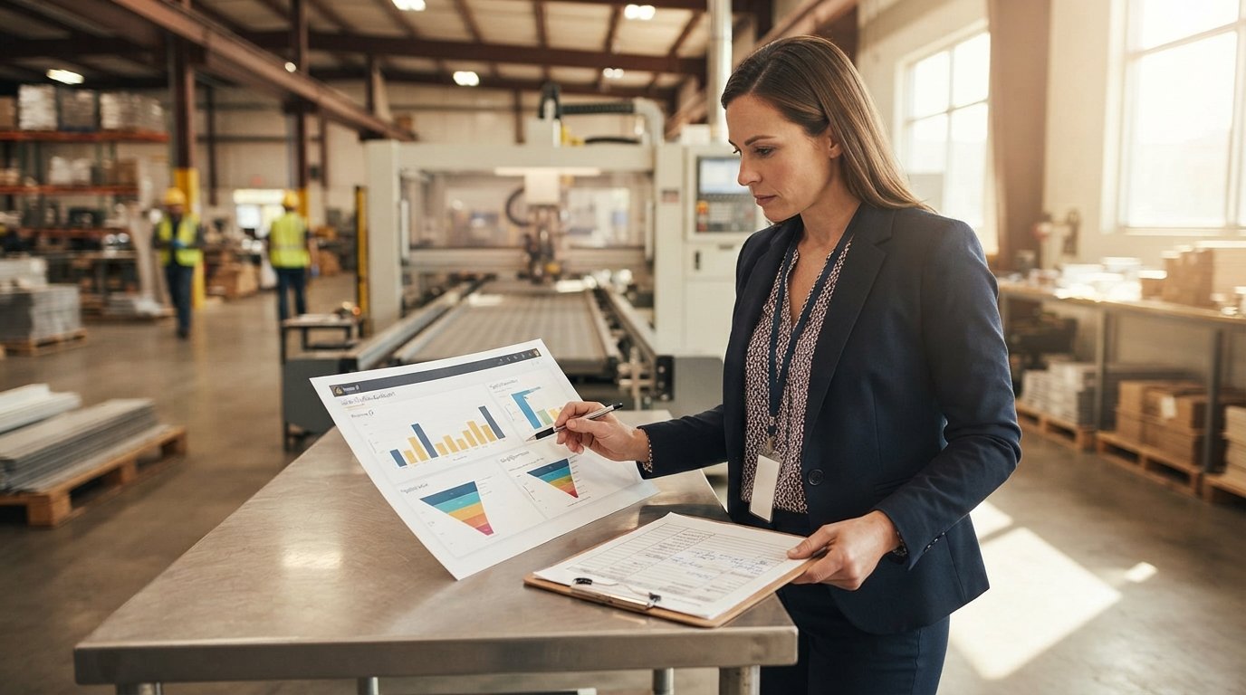 Sales manager checking a printed Power BI sales report against shipment schedules