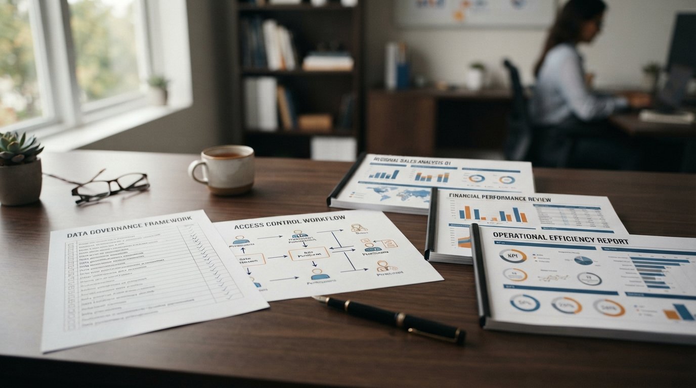 Power BI vs Tableau: Which Fits Your Team's Reporting Needs? 3 Governance checklist and access-control diagram used to assess Power BI and Tableau at team scale