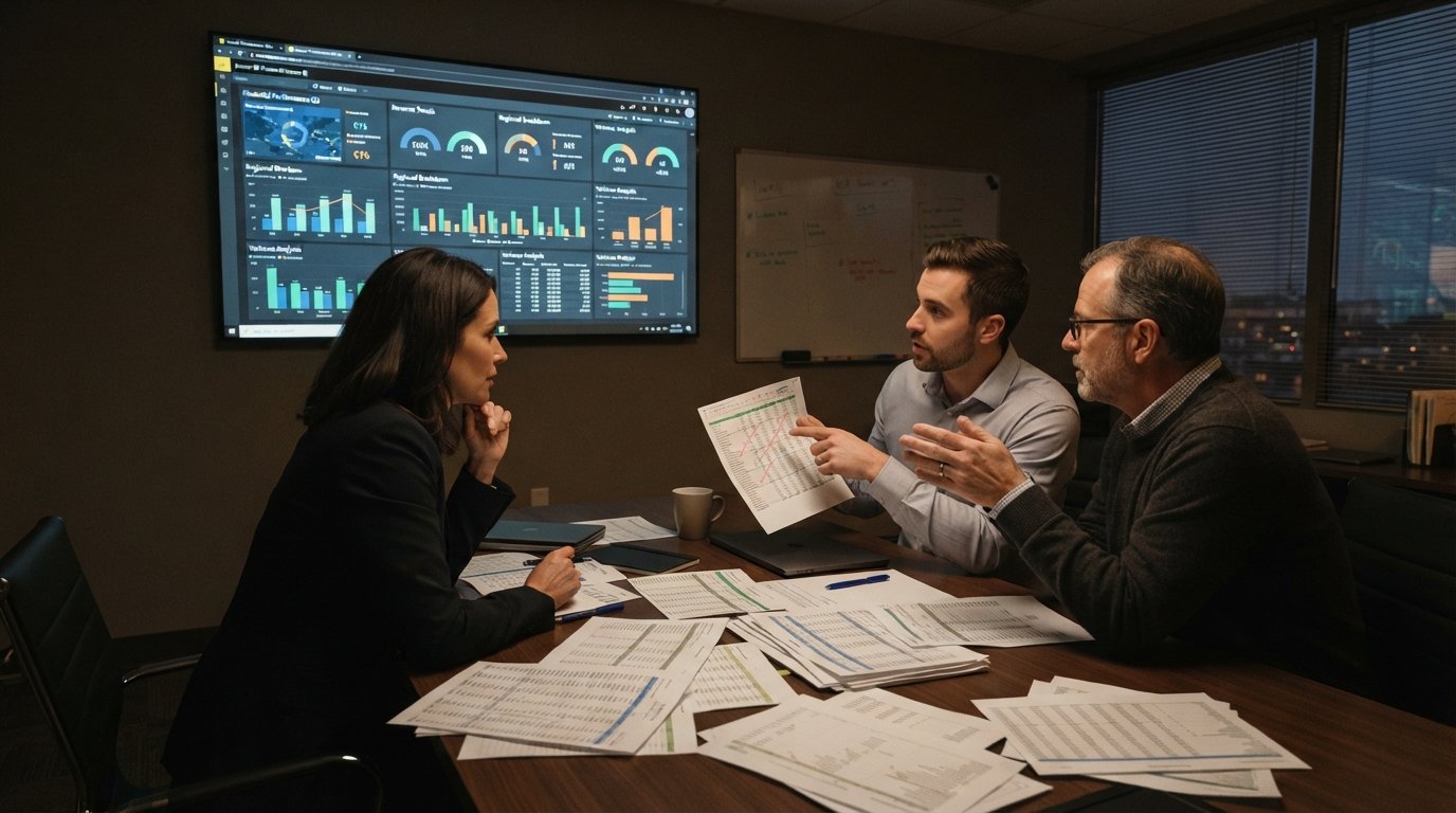 Power BI vs Excel: When Spreadsheet Reporting Stops Scaling 4 Finance team comparing a unified Power BI dashboard with Excel spreadsheet printouts