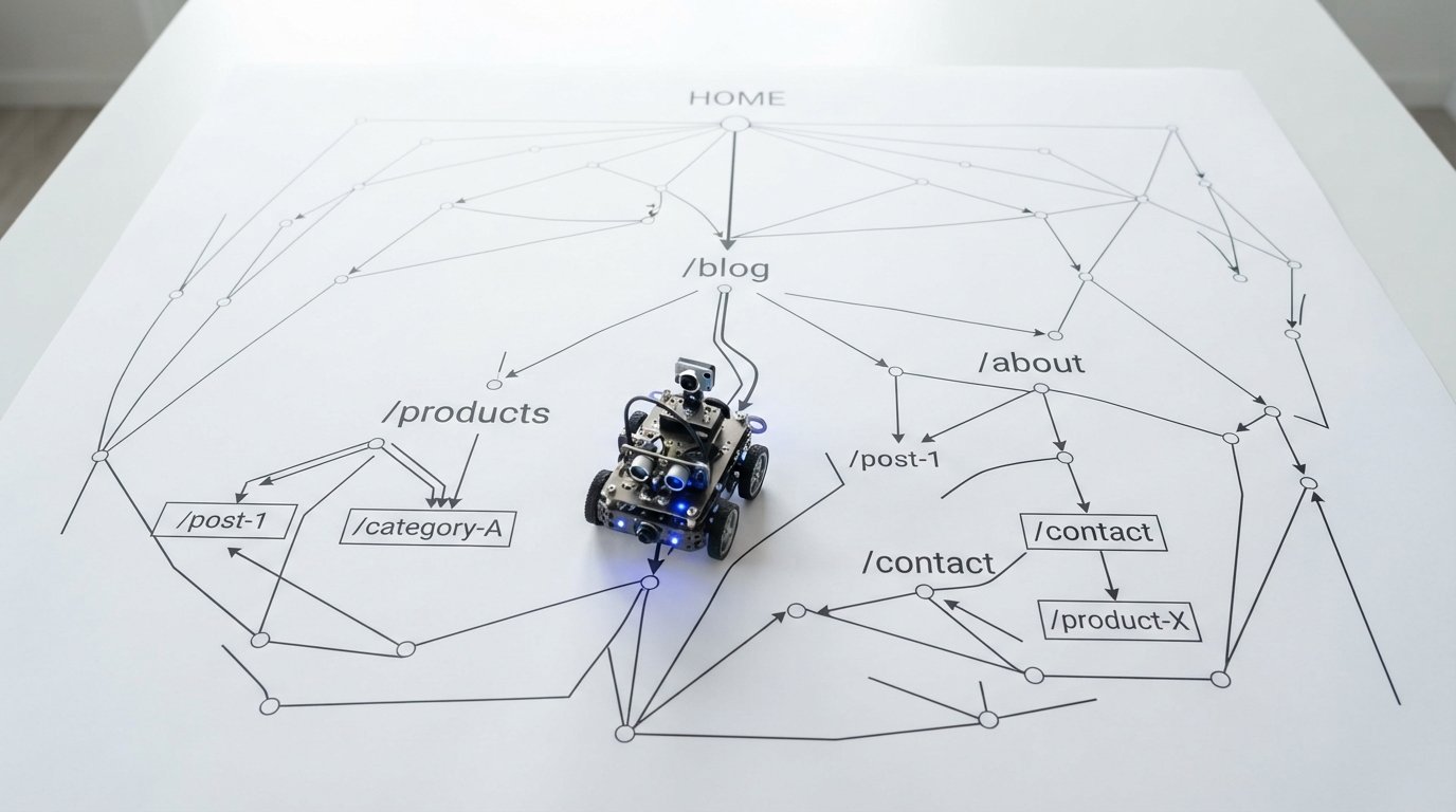Inspection robot following a printed route map, showing why React SEO needs crawlable URLs and real links