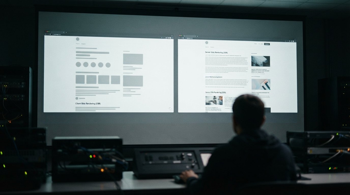 Blank loading skeleton next to a complete page, comparing client-side and server-side rendering for React SEO