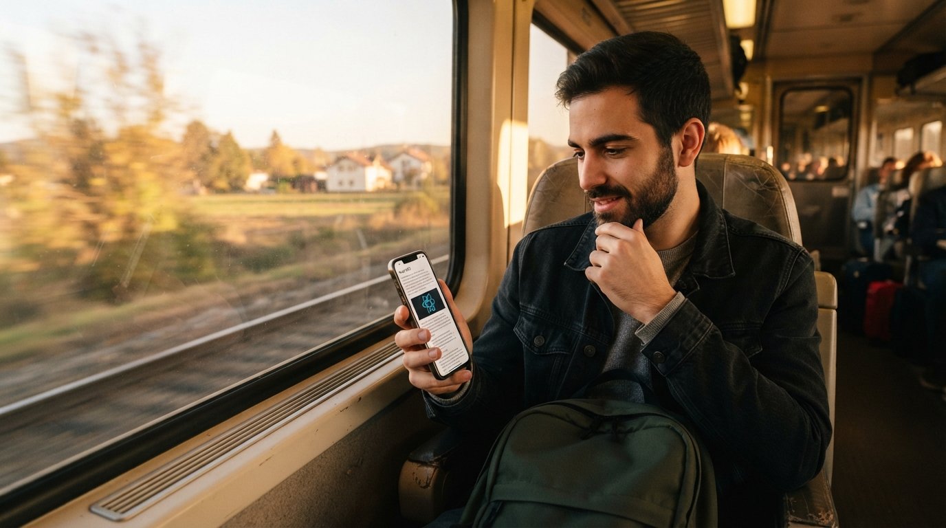 Commuter reading a fully loaded article on a phone, the mobile experience React SEO has to protect