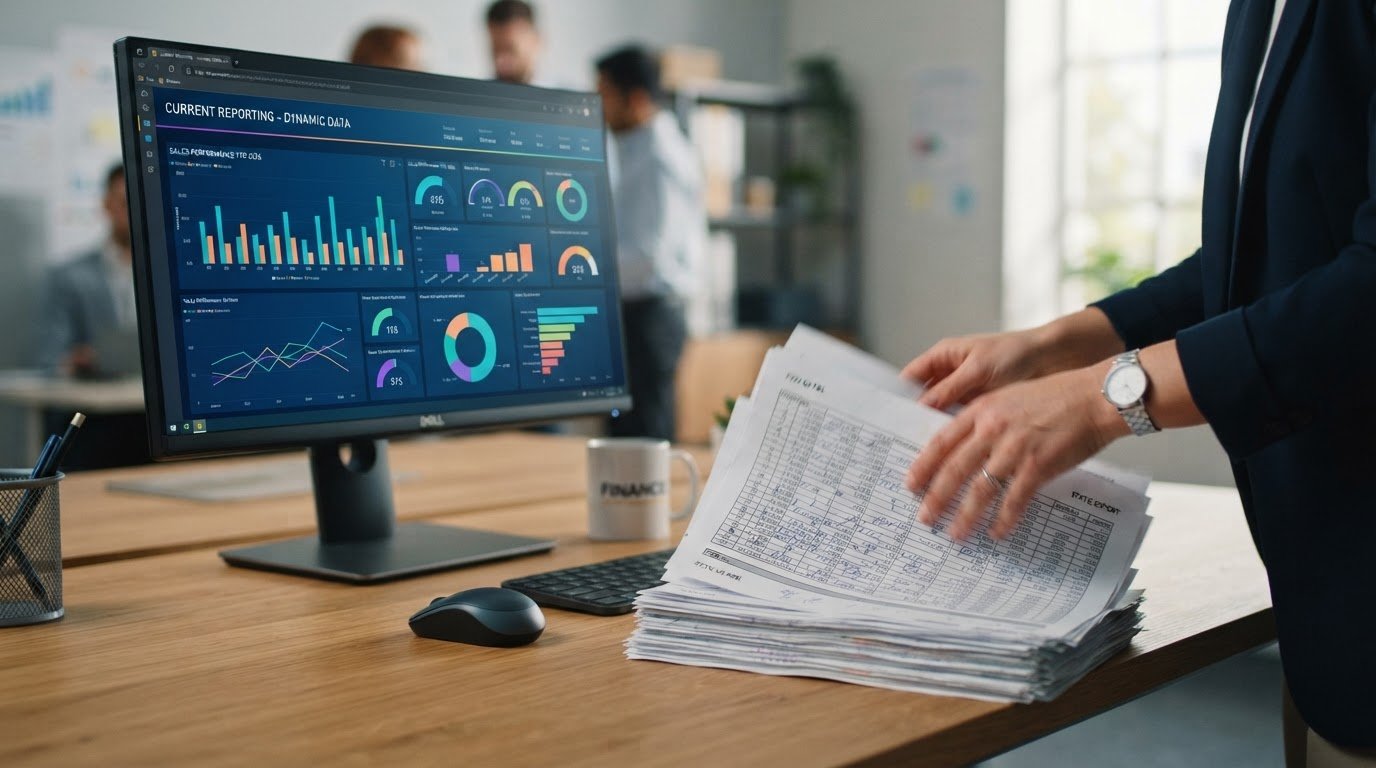 Power BI Reporting: When Should Teams Replace Static Exports? 1 Finance analyst setting aside spreadsheet printouts next to refreshed Power BI reporting charts