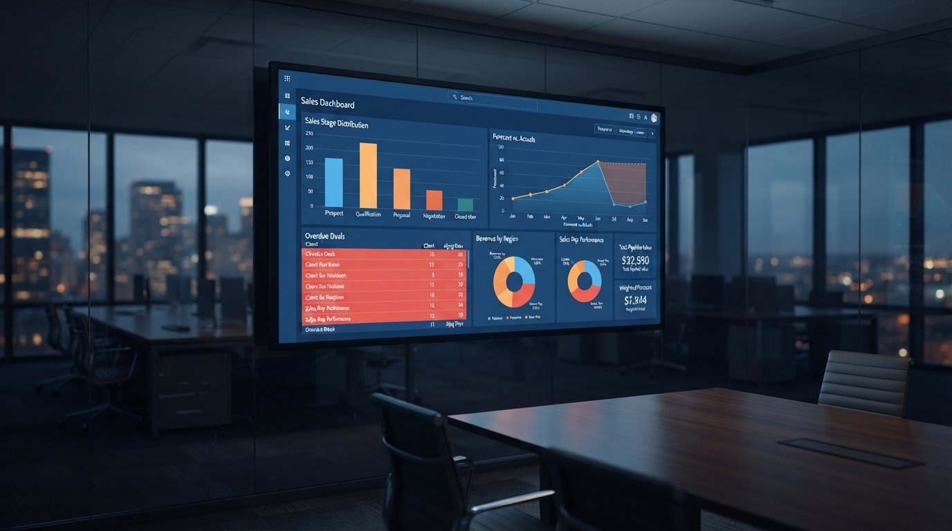 Operations room monitor showing a sales performance dashboard in Power BI with overdue deals