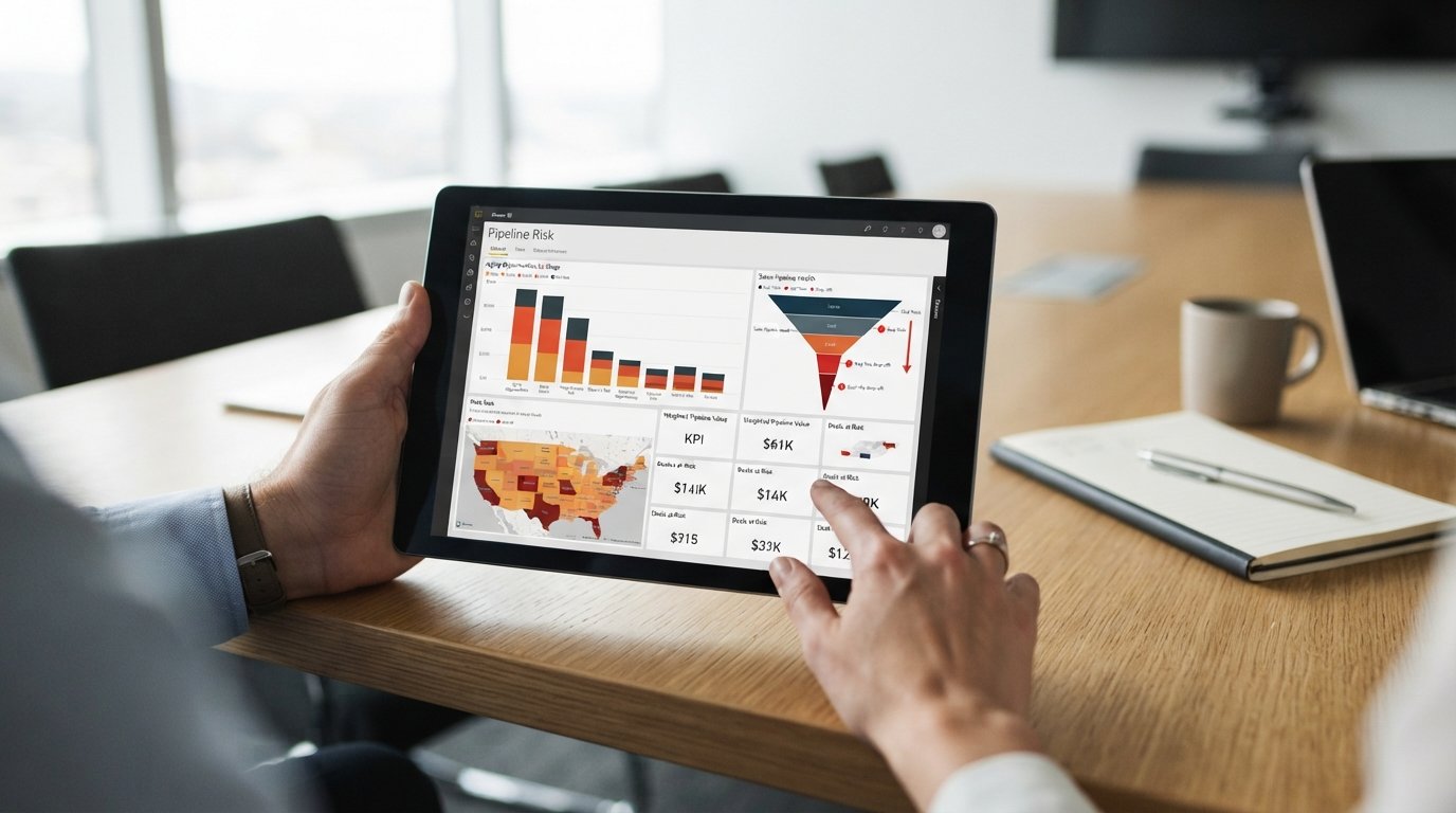 Tablet showing a sales pipeline dashboard in Power BI with ageing opportunities and risk flags